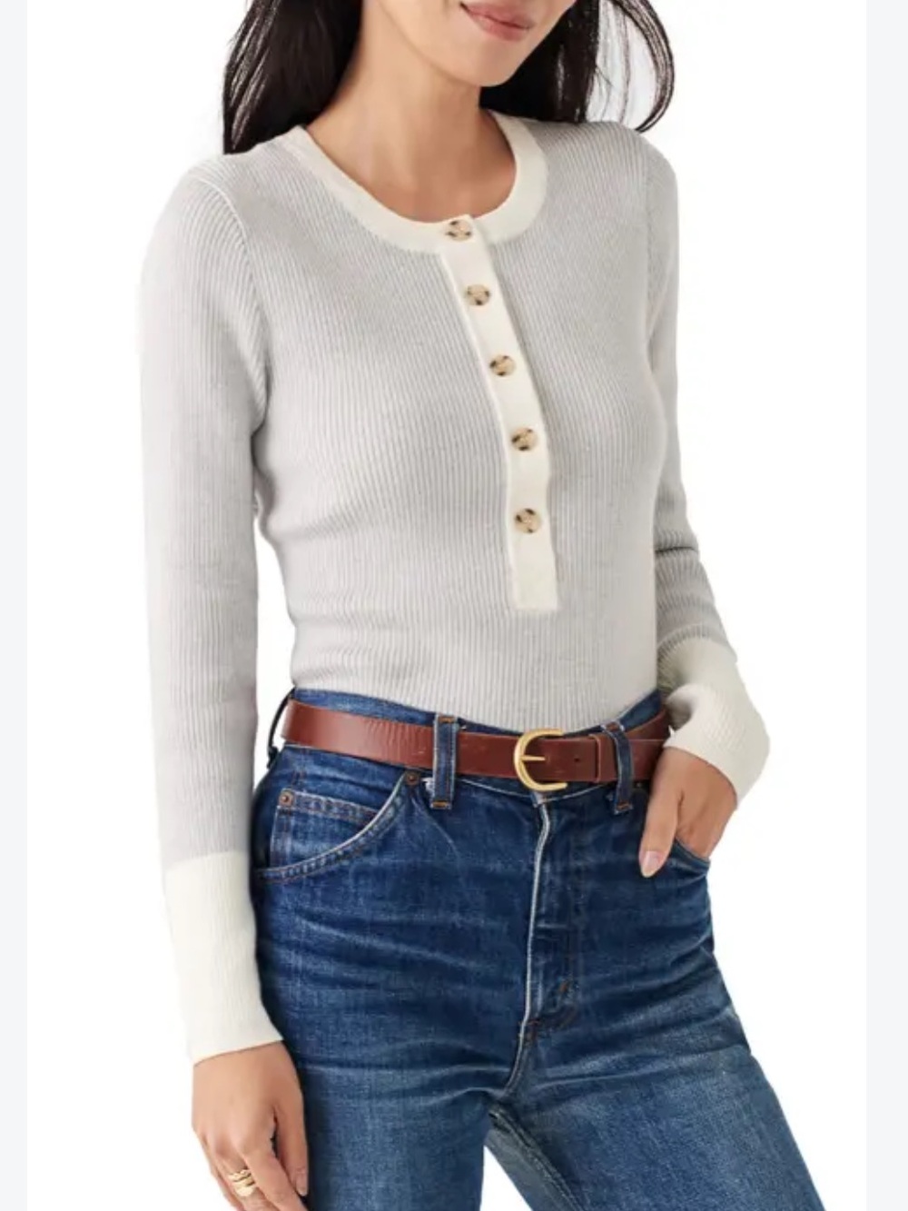 Faherty Mikki Organic Cotton & Cashmere Henley Sweater Grey and White Medium